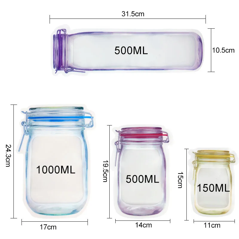 

Mason Jar Bottles Ziplock Bags Reusable Food Storage Bag for Snacks Nuts Candy Biscuit Cookies Bags Kitchen Organizer Sealed Bag