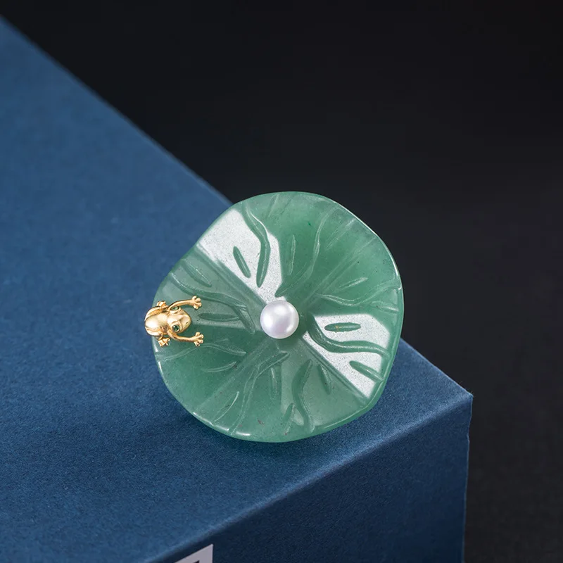 Женская Брошь из серебра 925 пробы брошь в виде листка лотоса натурального нефрита
