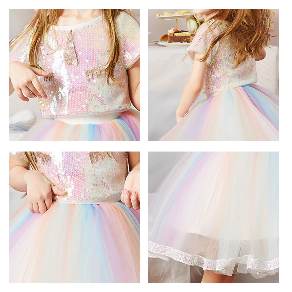 Rainbow Unicorn Dress Costume for Girls Fancy Sequins Dress Children Baby Girl Tops + Skirts Sets  Unique Design Kids Costume