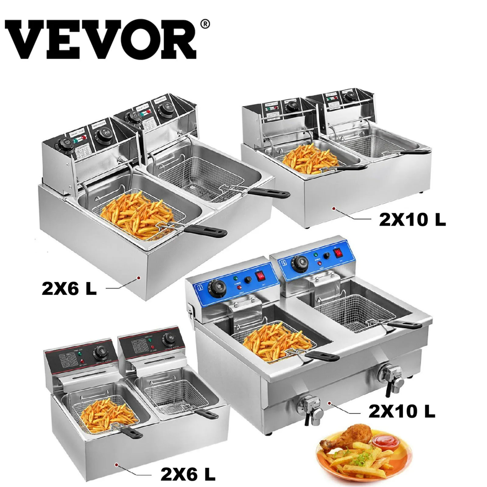 

VEVOR 2x6L / 2x10L Electric Deep Professional Fryer Double Baskets Dual Tanks Countertop Stainless Steel Kitchen Pan Commercial