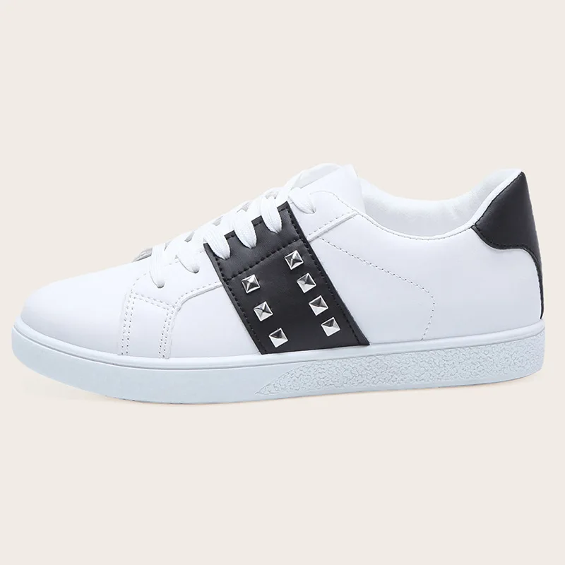 

Personality Women Flat Sneakers Lace-up Rivet Leather Stitching Street Comfortable Round Head Breathable Casual Woman Shoes