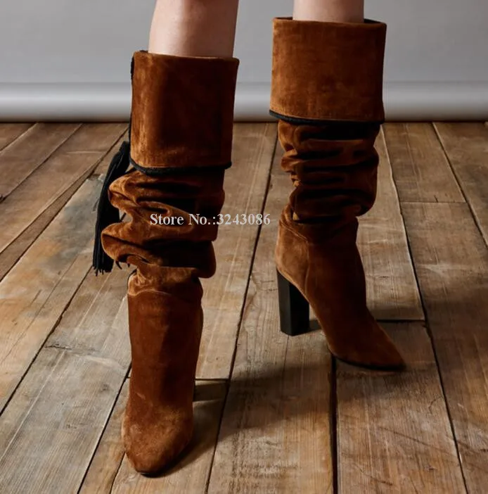 

Sexy Brown Suede Chunky Heel Tassel Knee High Boots Women Sexy Pleated Fringe Long Boots Lady Best Design Snow Boots Dropship