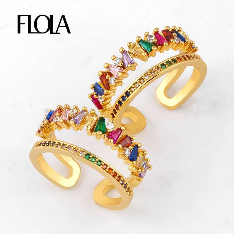 Женское золотистое Радужное кольцо FLOLA, регулируемое кольцо-манжета с кристаллами и кубическим цирконием класса ААА, открытое яркое ювелирное изделие, righ92