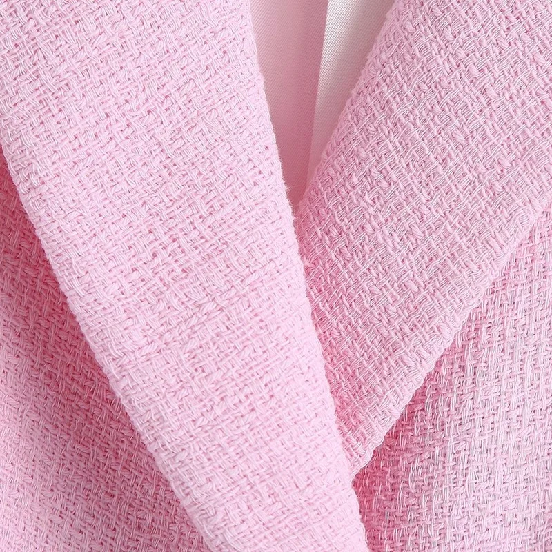 

Notched Collar Double Breasted Tweed Cropped Blazer Vintage Short Sleeve Female Outerwears 2021 Spring Chic Elegant Veste