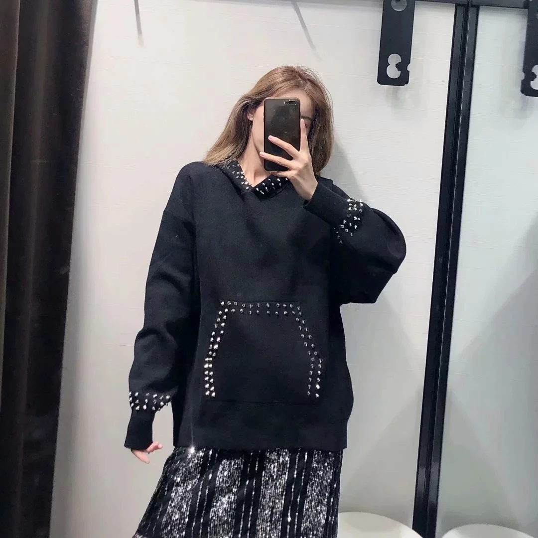 ZA, Женский Топ, вязаный, с заклепками, модные толстовки, кенгуру, карман, Толстая Толстовка, спортивная одежда, свободный, Повседневный, шикарный, Женский пуловер
