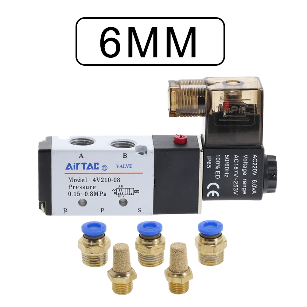 6mm Fitting 5 Путь 2 позиция электромагнитный клапан с 6 мм 8 мм 10 мм 12 мм штуцер 4V210-08 DC24V DC12V AC110V AC220V - Цвет: 6mm Fitting