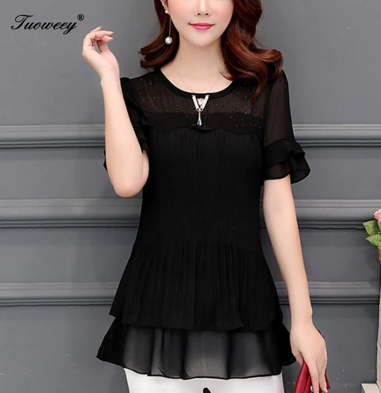 Blusas mujer de moda 2019 черная Свободная шифоновая блузка женские рубашки с коротким