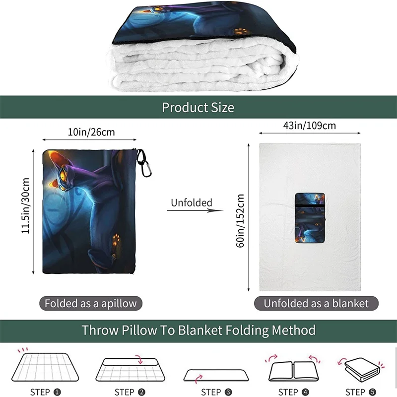 vender Fantasia Gato Escuro Viagem Travesseiro Cobertor Dois-em-um Mochila Cinta E Compacto Avião Saco Cintura Suporte 60x43 Polegadas