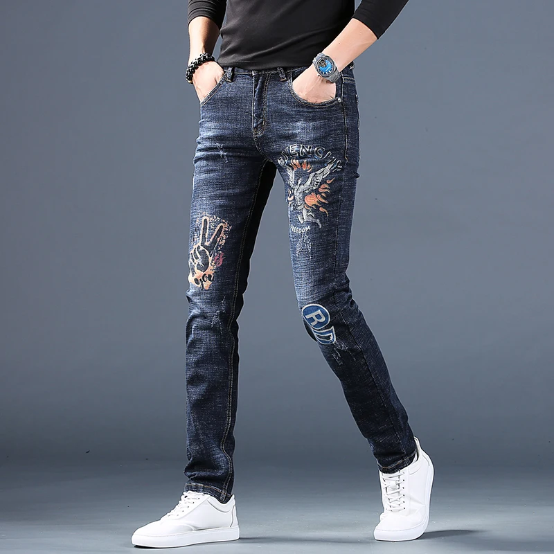 Autumn Men's Black Blue Jeans Fashion Printed Slim Fit Pencil Pants Streetwear Stretch Denim Trousers