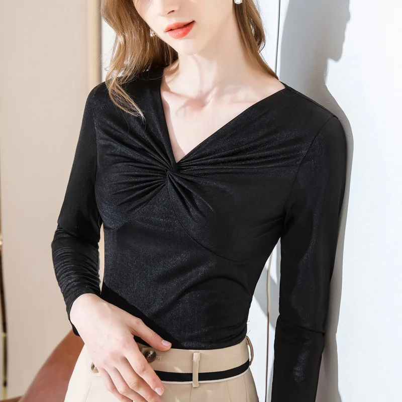 

Long sleeve T-shirt women's autumn new style women's silky little shirt bow fold trend V-neck bottom coat