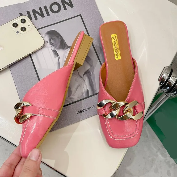 

Shoes Woman 2021 Female Slippers Mules Sexy Cover Toe Low Rivet New Summer Rubber Slides Fabric Hoof Heels Basic Metal Decoratio