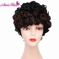 amir synthetic short curly wigs black brown hair afro wig bangs for american african women heat resistant fiber cosplay