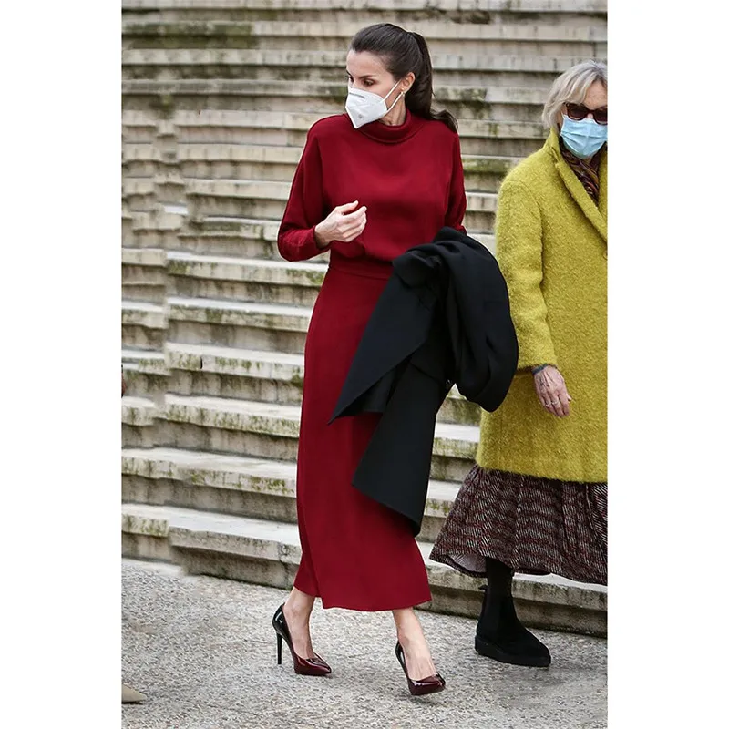 

Платье принцессы Кейт Мидлтон 2021 Высокое качество осенние элегантные платья отложной воротник Длинные рукава однотонное офисное платье NP1739J