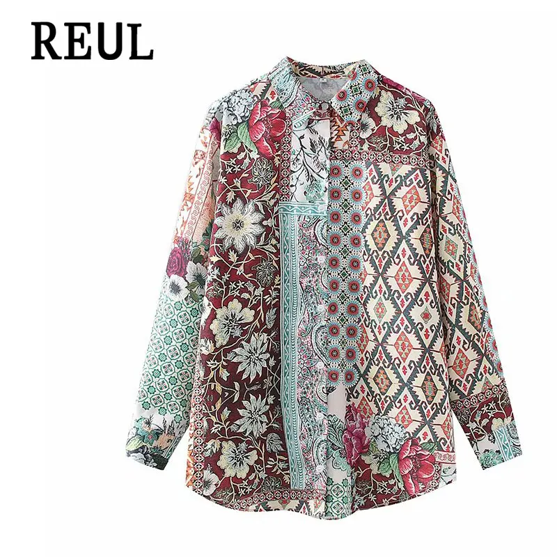 

2021 REUL Women Smooth Touch Flower Printing Bloues Vintage Street Style Long Sleeve Button-up Female Shirts Blusas Chic Tops