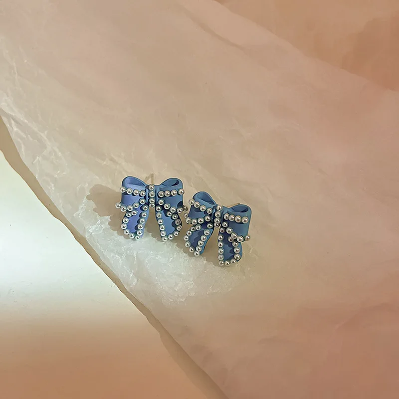 

New Fashion Pearl Bowknot Blue Women's Earrings Earrings Simple and Fresh Temperament Earrings Women Wholesale