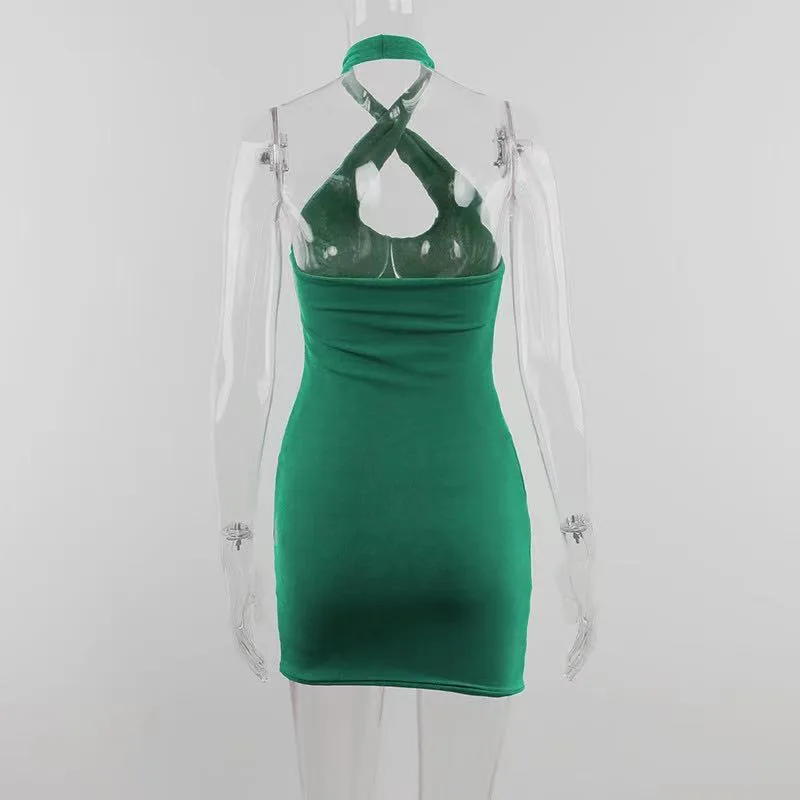 

Europe and the United States 2021 foreign trade new summer slim back sexy temperament cross hanging neck solid color dress