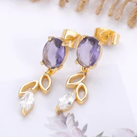 luxury gold color leaves earring delicate micro inlaid purple cubic zircon cz stud earrings wedding jewelry pendant accessories