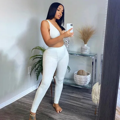 

2021 Sleeveless V-Neck Crop Tops Leggings 2 Pieces Set Winter Women Fashion Streetwear Outfits Sportswear Tracksuit
