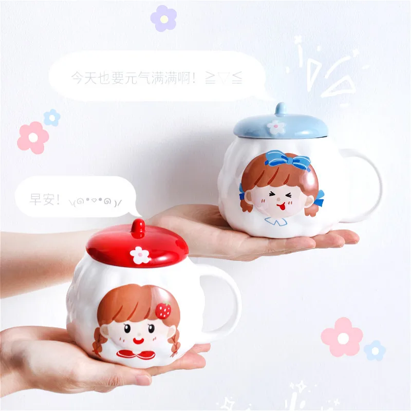 

480ml Creative Ceramic Mugs Fashion Girl Coffee Mug with Lid Spoon Couple Milk Breakfast Cups Ladies Office Tea Cup