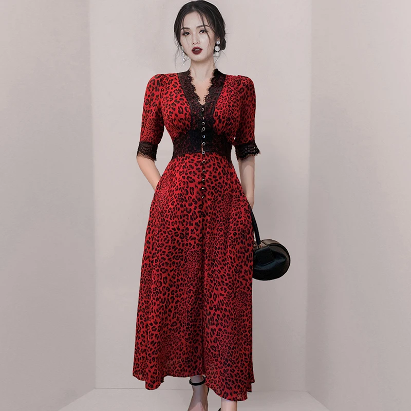 

JSXDHK Elegant Summer Leopard Print Long Dress Women Short Sleeve Chiffon Splicing Lace Red High Waist Button Deco Dress Vestido