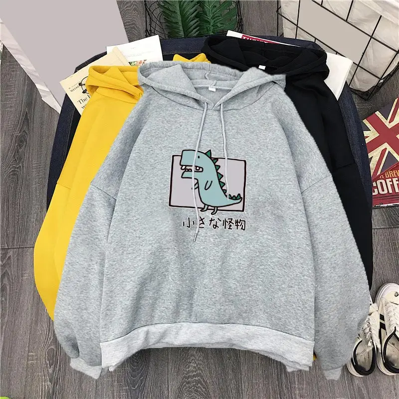 Dinosaur-Gray Зимняя бархатная Толстовка с принтом динозавра, Женская толстовка с капюшоном и длинным рукавом с героями мультфильмов, осень, Harajuku, Повседневная Женская толстовка - Цвет: Dinosaur-Gray
