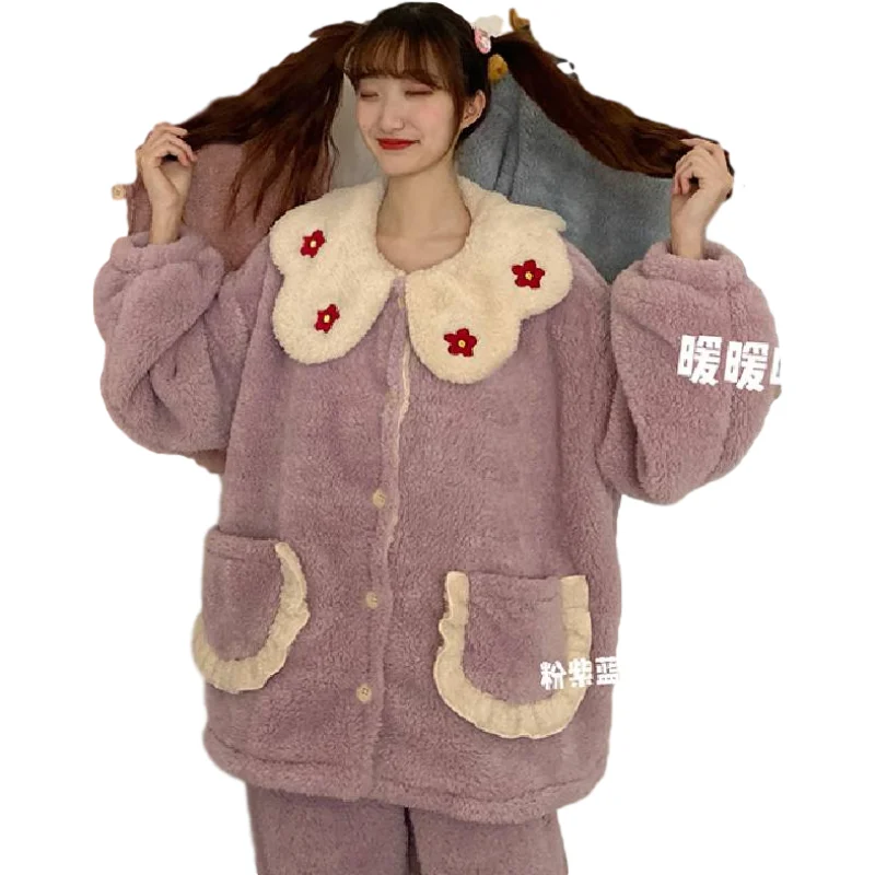 

New Winter Thick Warm Pajamas Sets For Women Sleepwear Homes Clothing Pajama Home Wear Womens Pyjamas Set Velvet Pants Nightwear