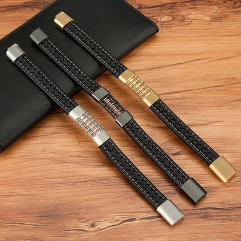 XQNI Luxury Style Stainless Steel Cubic Zirconia Black Leather Men's Leather Bracelet Black/Steel For Birthday Party Gift 6