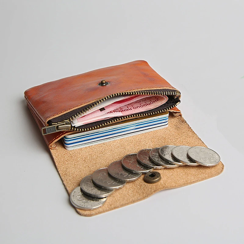 15PCS / LOT Zipper Genuine Leather Coin Wallet Men Women Card Bag Vintage Retro Handmade Cowhide Thin Mini Purses