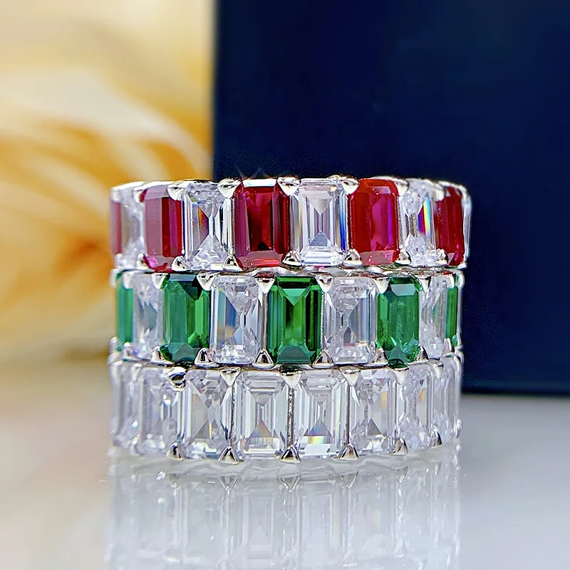 

Eternity Ruby Emerald Diamond Ring 100% Real 925 sterling silver Party Wedding band Rings for Women Bridal Engagement Jewelry