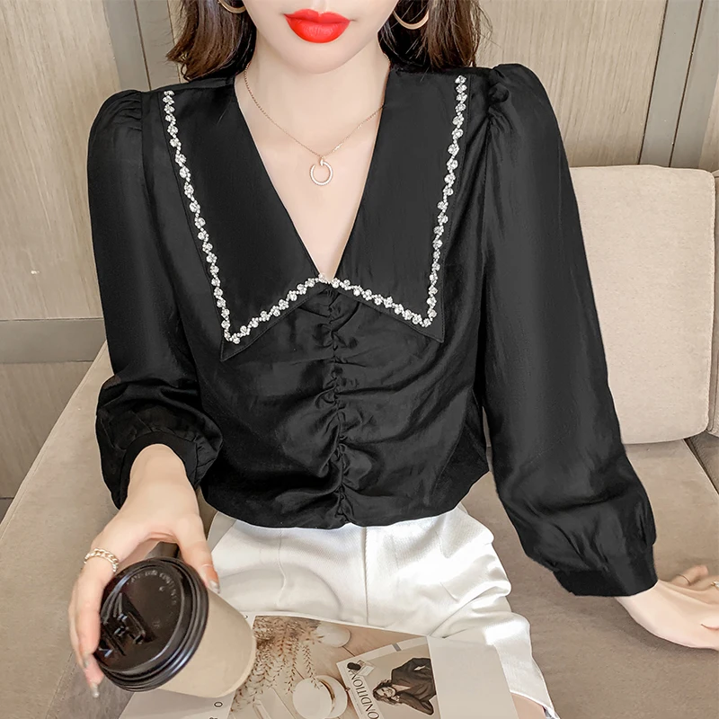 

COIGARSAM Blouse Women Autumn 2021 New Peter Pan Collar Blusas Womens Tops And Blouses