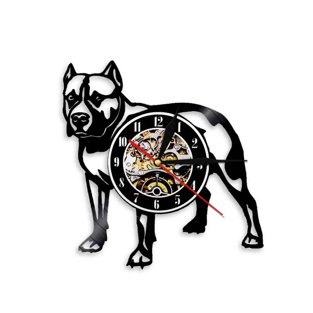 Pitbull Puppy Vinyl Record Wall Clock Silent Sweet For Bedroom Pit Bull Home Decor Pit Dog Breed Carved Album Music Record Clock