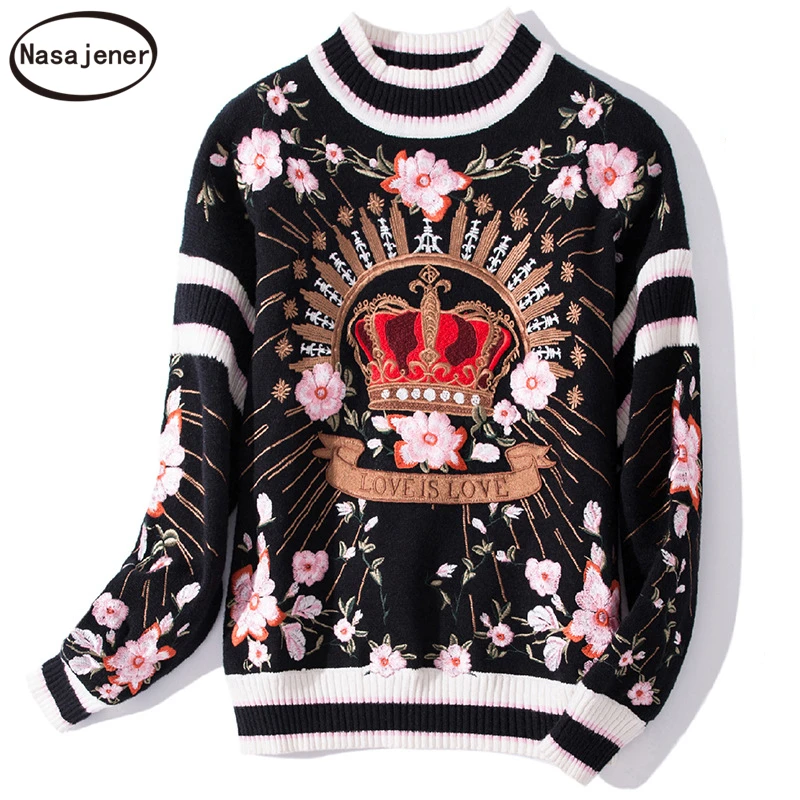 Runway luxury Winter Knitting Pullovers Women's High Quality Floral Crown Embroidery Casual Loose Blue Sweater | Женская одежда