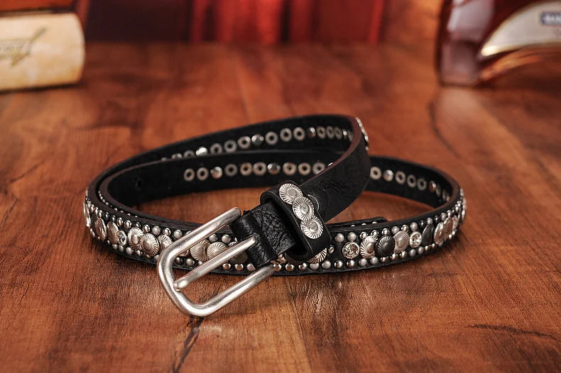 Ремень из натуральной воловьей кожи Женский тонкий пояс в стиле панк рок с