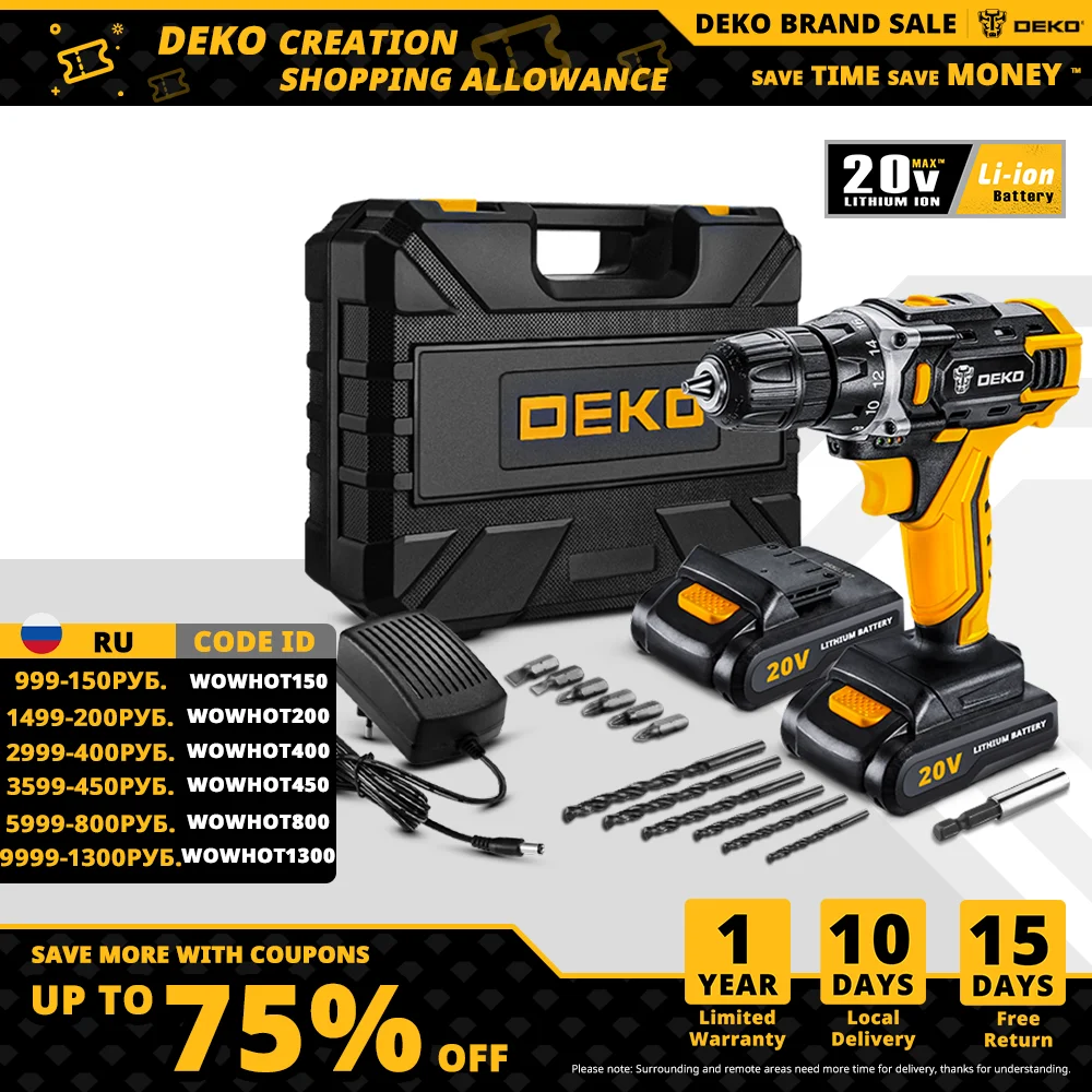 DEKO New Arrival Sharker 20V Cordless Drill Screwdriver Drill Mini Wireless Power Driver DC Lithium-Ion Battery