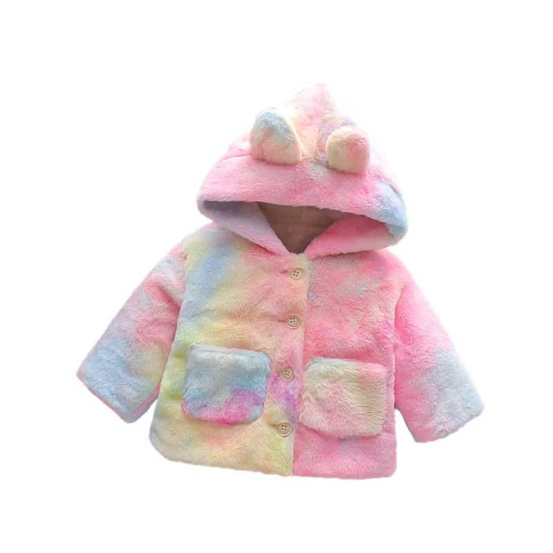 

Pudcoco Baby Girl Wool Tie Dye Printed Full Length Regular Sleeve Hooded Collar Dual Pocket Decorated Single Breasted Coat