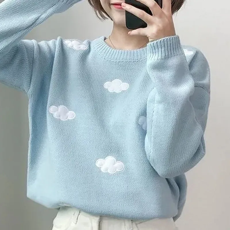 

Women Sky Clouds Pattern Knitted Sweater Pullovers Fall Korean Casual Jumpers Harajuku Female Full Sleeve Cute Knitwear Tops