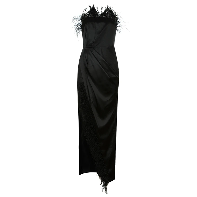 

INDRESSME 2019 Autumn New Fashion Women Sexy Vestidos Feather Strapless Sleeveless Bodycon Gown Slit Party Club Long Satin Dress