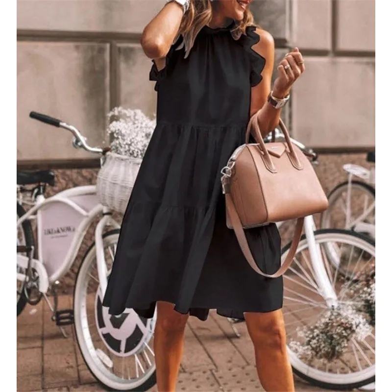 

2020 New Sundress Casual Women Ruffles O-Neck Ruffles Sleeveless A-Line Connection Hem Beach Vestidos Party Vestidos