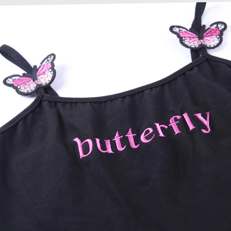 

Black Dark Goth Woman Camis 2020 Lady 3D Butterfly Embroidery Letter Sexy Strap Punk Gothic Camisole Hip-hop Basic Hipster Top