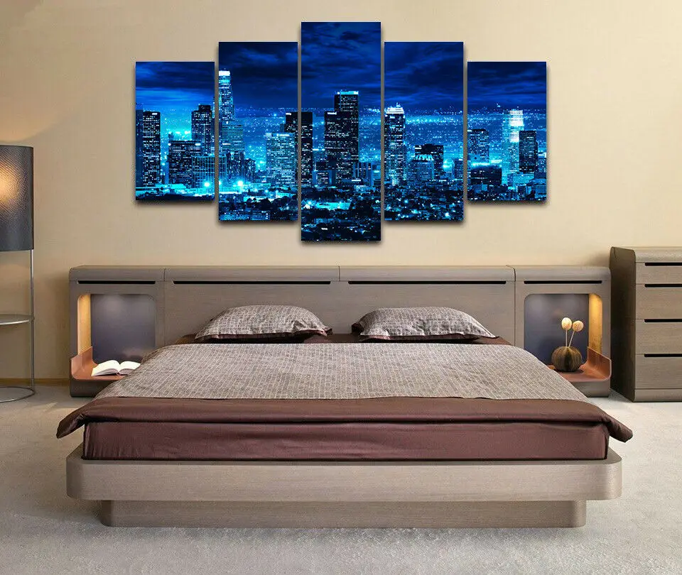 

Los Angeles Skyline at Night 5 Panel Canvas Picture Print Wall Art Canvas Painting Wall Decor for Living Room Poster No Framed