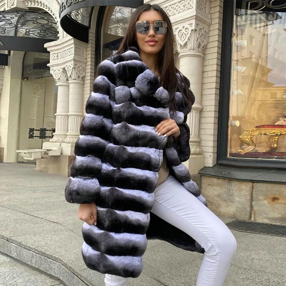 Long Real Rex Rabbit Fur Coat Woman 2022 Winter New Warm Whole Skin Genuine Chinchilla Color Rex Rabbit Fur Coat Outwear Female enlarge