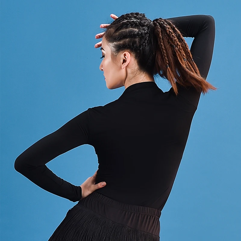 

Black Latin Dance Top Women Ballroom Tango Salsa Practice Dancing Wear Cha Cha Samba Rumba Long Sleeve Performance Tops DC4498