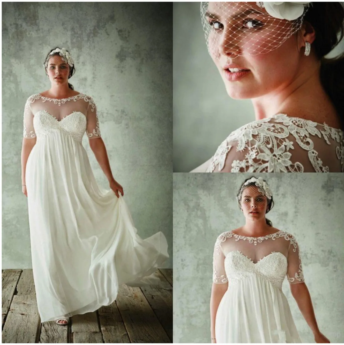 

Plus Size Wedding Dresses Half Sleeves Sheer Jewel Neck Lace Appliqued Bridal Gowns Chiffon Vestido De Noiva Vintage Bride Dress