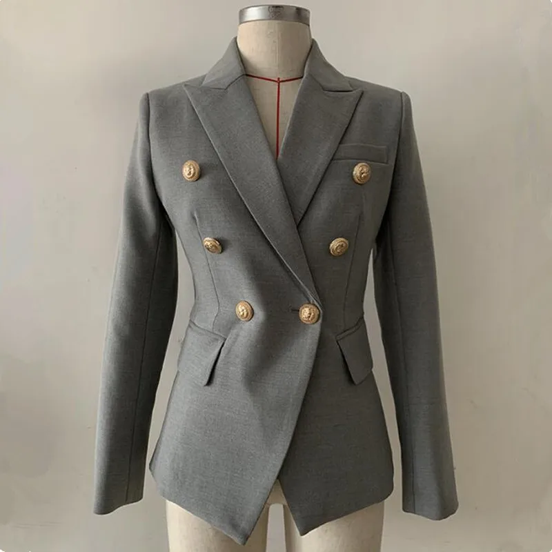 Классический серый двубортный Женский блейзер с английским воротником женские