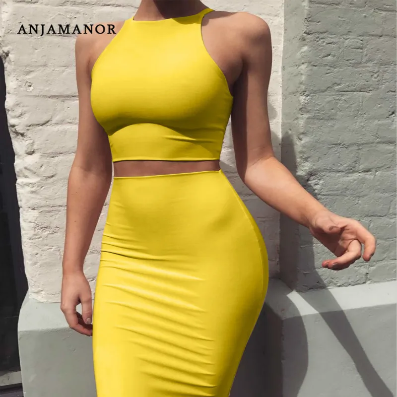 ANJAMANOR-Conjunto de Top corto y falda de dos piezas para mujer, ropa Sexy amarilla para discoteca, conjuntos a juego, D53-BD21