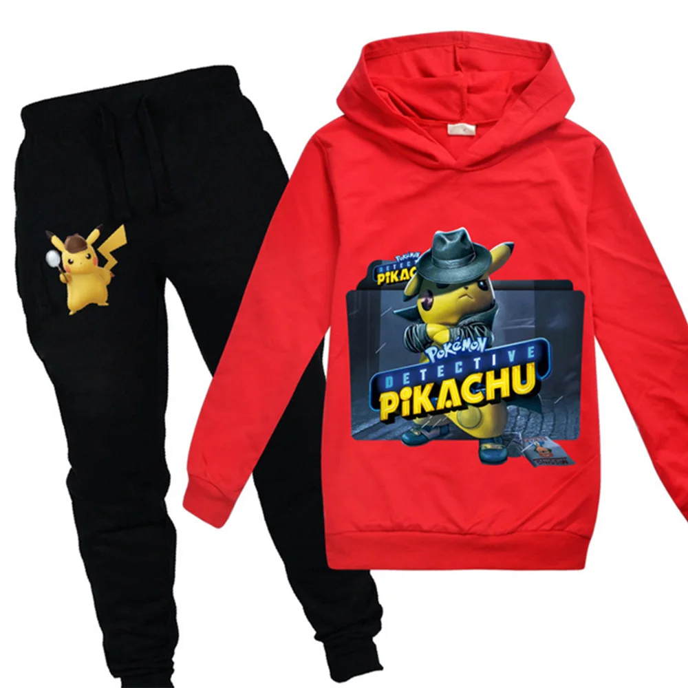 POKEMON GO Detective Pikachu/детская одежда для мальчиков и девочек осенний Свитшот комплект из 2 предметов, хлопковые спортивные толстовки с длинными рукавами и рисунком, Комплект футболок - Цвет: 990red