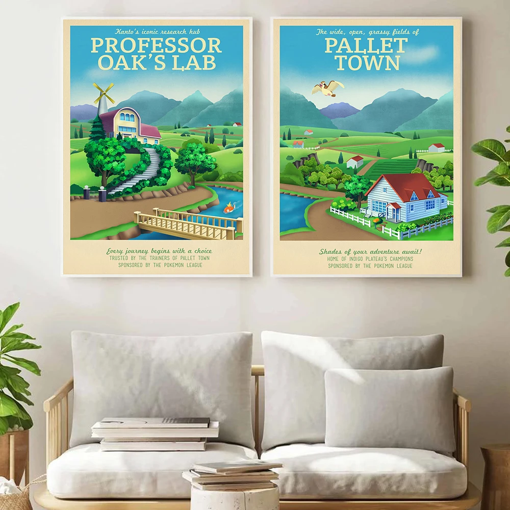 

Retro Travel Canvas Painting Pokemon Landscape Prints and Posters Modern Vintage Anime Geek Gamer Prints Boys Room Decor Picture