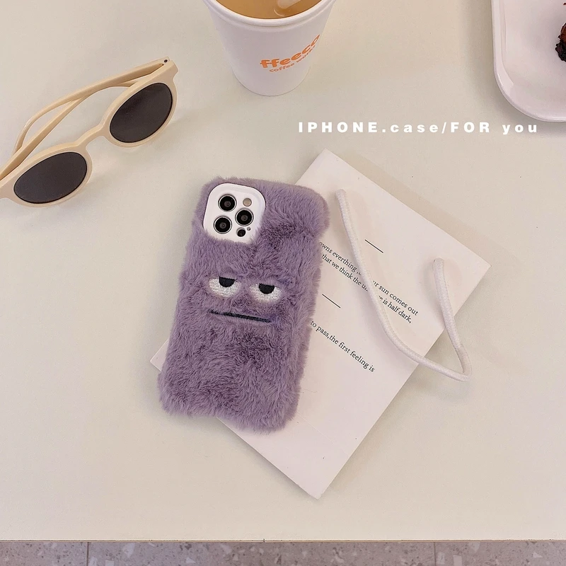 

Cute Cartoon Purple Angry Furry Phone Case For iPhone 13 12 11 Pro Max X Xs Max Xr 7 8 Plus Cases Hairy Warm Plush Soft Cover