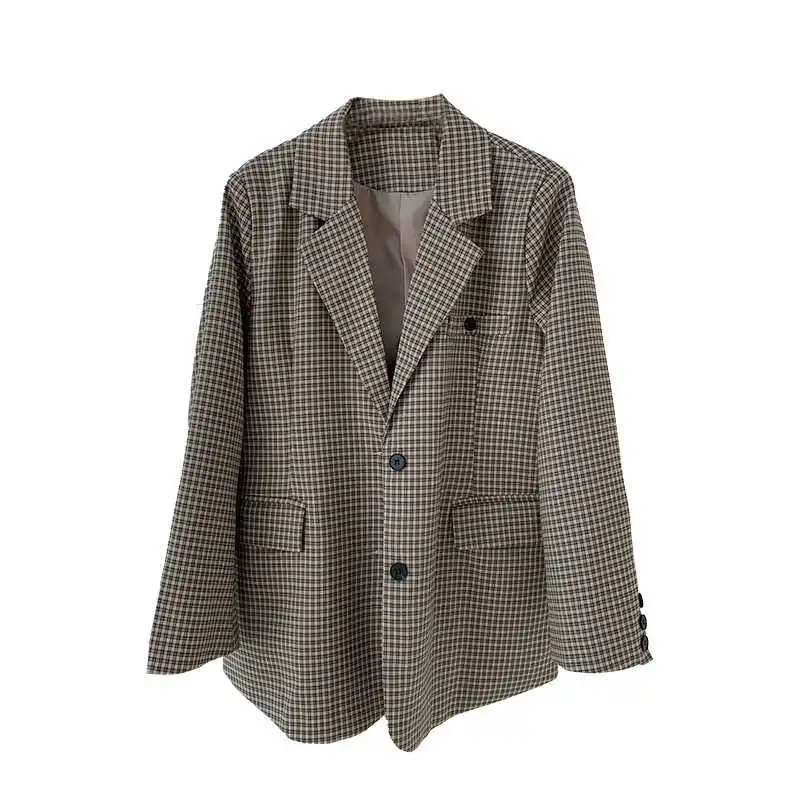 

SHENGPALAE Temperament Plaid Blazer Women's Autumn 2021 New Notched Loose Single Breasted Long Sleeve Suit Coat Female 5E1334