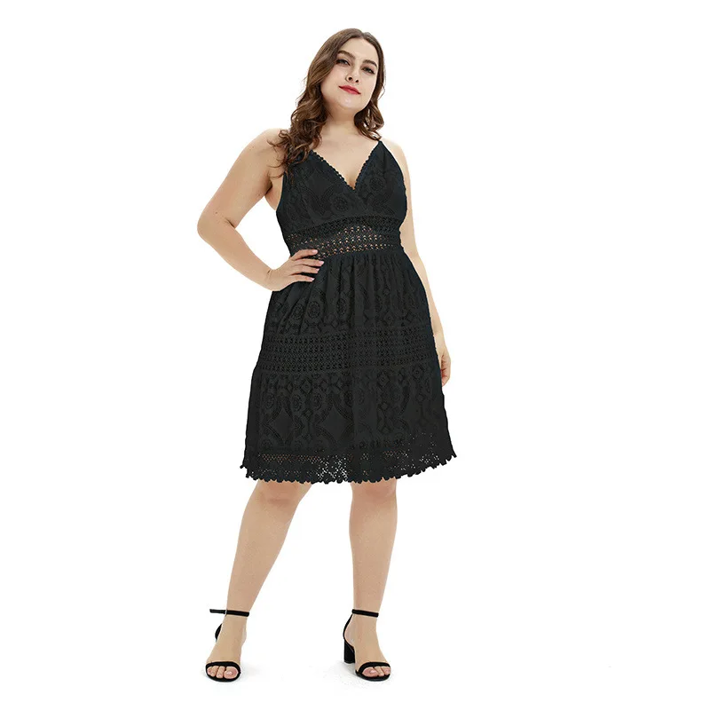 

Plus Size Women's Fat mm2021 Summer New Sexy Lace Sling Stitching Dress Solid Color